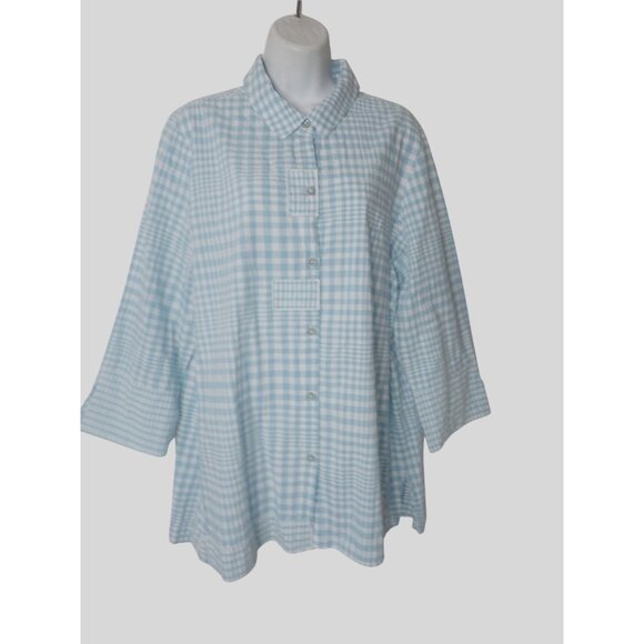 Habitat Shirt Women L Blue White Plaid 3/4 Sleeve Button Front Lagenlook cottage - Picture 1 of 7